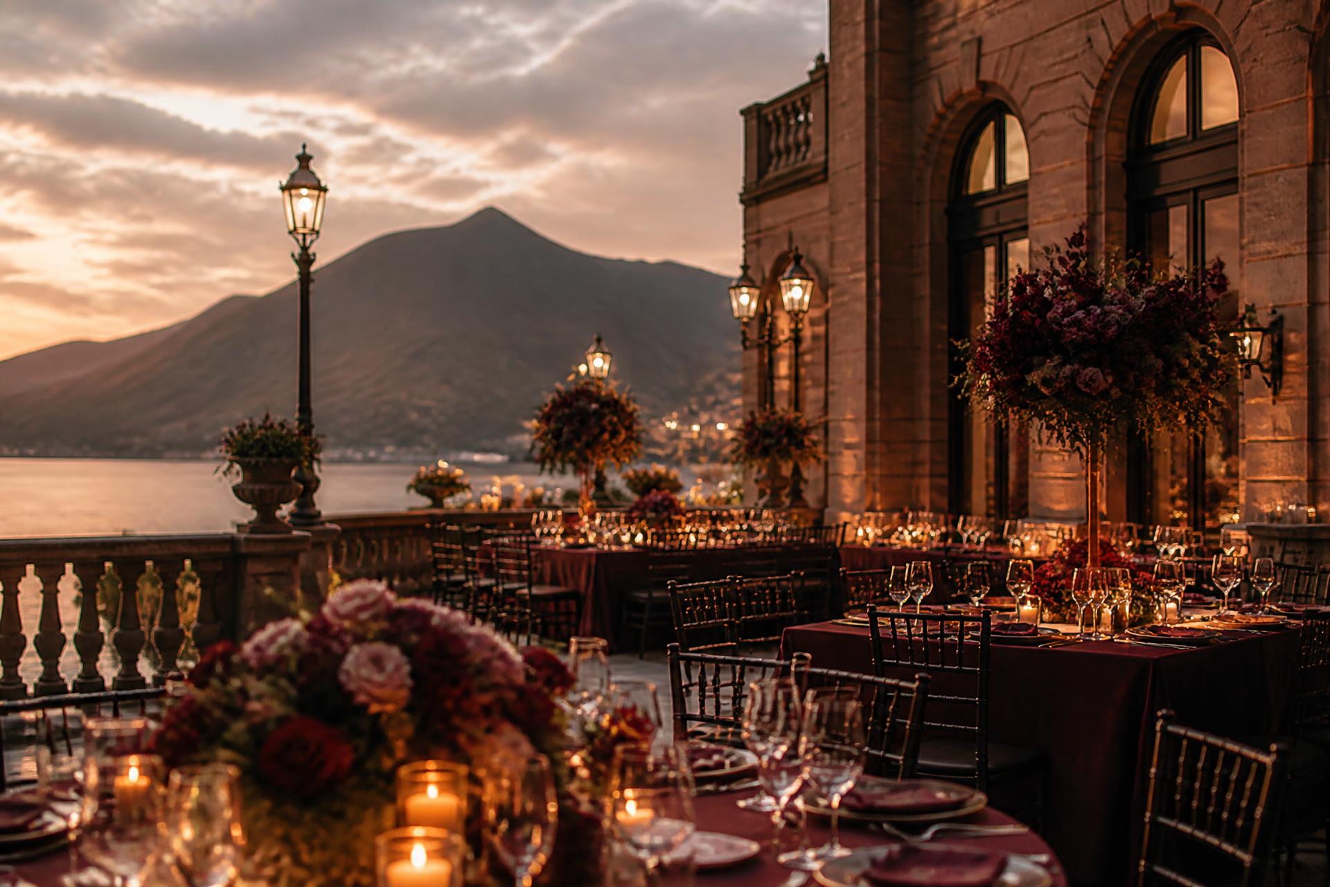 Candlelit autumn wedding reception on a waterfront terrace at dusk